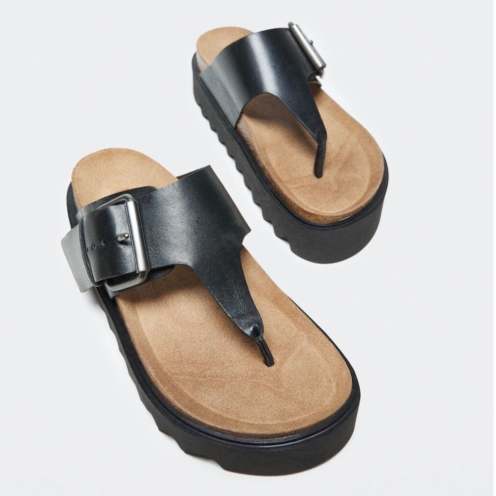 Mango MNG Platform Sandals - Buckle Accent, Lug Sole,‎ Thong Style - Size 38/7.5